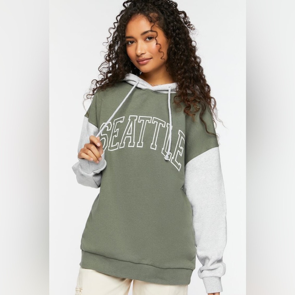 Forever 21 Seattle Colorblock Fleece Hoodie olive and gray barely worn